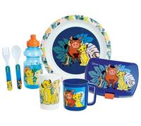 El Rey León - Juego de vasos para niños con 1 vaso de 220 ml, 1 asiento de 22 cm de diámetro, 1 taza de 350 ml, 1 taza de 350 ml, 1 recipiente para beber y 2 tapas de 13,5 cm