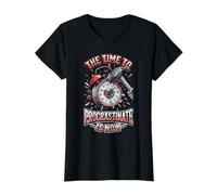 El Tiempo de procrastinar es Ahora Divertido Reloj Despertador Posterior Camiseta gráfica económica, Mujer, Negro, XS