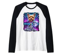El Yorkshire Terrier Howling to The Moon Meme, synthwave de los 90 Camiseta Manga Raglan