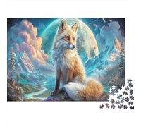 El Zorro Rojo se Sienta en la Roca bajo la Luna Gigante y Las montañas Cubiertas de Nieve Rompecabezas 1000 Piezas Adultos - Wildlife Puzzle, Regalo, Juego Familiar 52x38cm/1000pcs