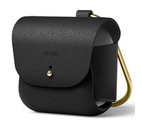 elago Funda de Piel con Mosquetón Compatible con AirPods 3 | Piel de Vacuno Natural, Soporte de Anillo de Latón, Carga Inalámbrica (Negro)