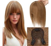 Elailite 25cm Protesis Capilares Mujer Pelo Natural Clip 27g Castaño Claro Flequillo Fino Cabello Humano Hair Topper Silk Basse 8cm*11.5cm #06