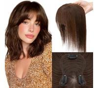 Elailite 25cm Protesis Capilares Mujer Pelo Natural Clip 27g Castaño Oscuro Flequillo Fino Cabello Humano Hair Topper Silk Basse 8cm*11.5cm #02