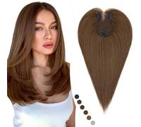 Elailite 35cm Protesis Capilares Mujer Pelo Natural Clip 40g Castaño Medio Flequillo Lateral Cabello Humano Hair Topper Silk Basse 8cm*11.5cm #04