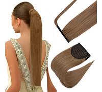 Elailite Coletas Postizas Pelo Natural Clip Extensiones #06 Castaño Claro - 35cm Cabello Humano Coleta Postiza Cola de Caballo 80g