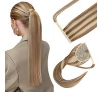 Elailite Coletas Postizas Pelo Natural Clip Extensiones #12P613 Castaño Dorado/Rubio Claro - 35cm Cabello Humano Coleta Postiza Cola de Caballo 80g