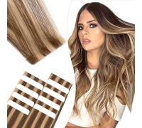 Elailite Extensiones Adhesivas Pelo Natural 10 Mechas Cabello Cosido Invisible 100% Humano 35cm 20g #4P27 Marrón Medio Mecha Rubio Oscuro