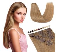 Elailite Extensiones de Clip de Pelo Natural #27 Rubio Oscuro, 45cm 8 Piezas Extensiones Remy Cabello Humano Clip 70g