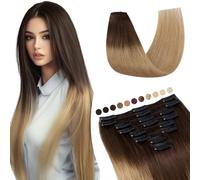 Elailite Extensiones de Clip de Pelo Natural #4T27 Castaño Medio Dye Rubio Oscuro, 8 Piezas Lisas 55cm Cabello Humano Clip 75g