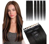 Elailite Extensiones de Clip de Pelo Natural Cabello Humano 5 Piezas Silk Lace 30cm 38g Añadir Volumen/Reflejos #1B Negro Natural
