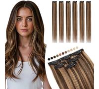 Elailite Extensiones de Clip de Pelo Natural Cabello Humano 6 Piezas 44g Silk Lace in Añadir Volumen/Reflejos (50cm #2P6 Castaño Oscuro/Castaño Claro)