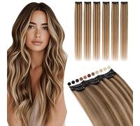 Elailite Extensiones de Clip de Pelo Natural Cabello Humano 6 Piezas 44g Silk Lace in Añadir Volumen/Reflejos (50cm #4P27 Marrón Medio/Rubio Oscuro)