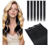 Elailite Extensiones de Clip de Pelo Natural Negro Cabello Humano 6 Piezas 44g Silk Lace in Añadir Volumen/Reflejos (50cm #1 Negro Oscuro)
