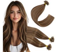 Elailite Extensiones de Queratina de Pelo Natural sin Clip 100 Mechas 50g U Tip Cabello Humano 35cm #4P27 Marrón Medio Mecha Rubio Oscuro