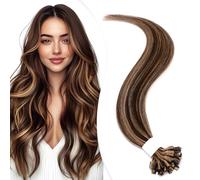 Elailite Extensiones de Queratina de Pelo Natural sin Clip 25 Mechas 25g U Tip Keratina Cabello Humano 45cm #4P27 Marrón Medio Mecha Rubio Oscuro