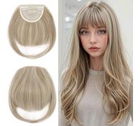 Elailite Flequillo Postizo Pelo Corto Clip Flequillos Falso (sienes 22cm) 1 Pieza 2 Clip en Postizos para Mujer # Rubio Intenso/Rubio Claro