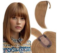 Elailite Flequillo Postizo Pelo Natural Protesis Capilar Mujer Castaño Claro Clip Mujer Hair Toppers For Women Cabello Humano 25cm 33g Silk Base 7cm*13cm #6