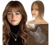 Elailite Flequillo Postizo Pelo Natural Protesis Capilar Mujer Castaño Medio Clip Hair Toppers Cabello Humano 21g Silk Base 5cm*11cm #04