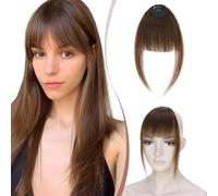 Elailite Flequillo Postizos Pelo Natural Clip #04 Castaño Medio, Neat Bangs Fringe 100% Cabello Humano Extensiones Postizo Flequillos