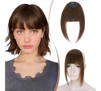 Elailite Flequillo Postizos Pelo Natural Clip Castaño Medio, French Bangs 100% Cabello Humano Postizo Extensiones Flequillos #04