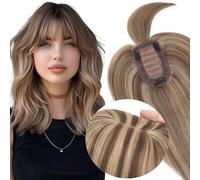 Elailite Flequillo Protesis Capilar #4P27 Marrón Medio Mecha Rubio Oscuro, 30cm 38g Pelo Natural Clip para Mujer Cabello Humano Base 7cm*13cm