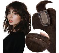 Elailite Flequillo Protesis Capilar Mujer Castaño Oscuro Postizos Clip Pelo Natural Cabello Humano 35cm 44g #02