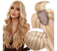 Elailite Flequillo Protesis Capilar Mujer Pelo Natural Clip Postizos Postiza Capilares Encaje Base 7cm*13cm Cabello Humano 45cm 53g #12P613 Castaño Dorado Balayage Rubio Muy Claro