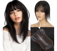 Elailite Flequillo Protesis Capilar Postizo Pelo Natural Mujer Negro Natural Clip Cabello Humano 21g Silk Base 5cm*11cm #1B