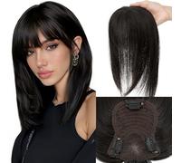 Elailite Flequillo Protesis Capilares Mujer Pelo Natural Hair Topper Clip 25cm 27g Cabello Humano Silk Basse 8cm*11.5cm #1B Negro Natural