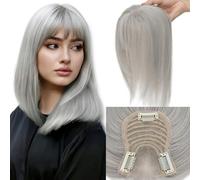 Elailite Flequillo Protesis Capilares Mujer Pelo Natural Hair Topper Clip 35cm 40g Cabello Humano Silk Basse 8cm*11.5cm # Gris