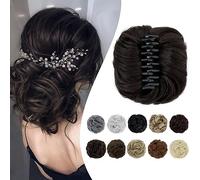 Elailite Moños Postizos Clip de Pelo Chignon Coleta Postiza Cabello Sintético Rizado para Mujer 4A# Castaño Oscuro