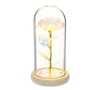 ELAYARD Rosa Preservada en Cúpula de Cristal con Luz LED Cálida, Decoración Romántica para Hogar y Obsequio de San Valentín o Cumpleaños, Base de Madera Natural con Tres Hojas, Obsequio