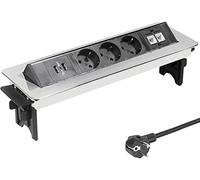 Elbe Inno Toma de Acero Inoxidable Empotrado, Toma múltiple de 3 Tomas, 2 USB, 2 RJ45, Cable MAX 3500w, Cable de 1,5 m, Acabado Cromado, Apto para Oficina, Cocina y encimera