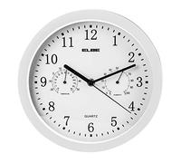 ELBE RP-2005-B Reloj de pared con termómetro e higrómetro, mide temperatura y humedad, 25 cm diámetro, panel blanco marco blanco, funciona con pilas, color blanco