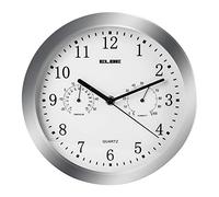 ELBE RP-3005-9 Reloj de pared con termómetro e higrómetro, mide temperatura y humedad, 25 cm diámetro, panel blanco marco plata, funciona con pilas, color plata