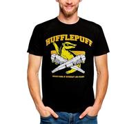 Elbenwald Camiseta Harry Potter - Diseño del Colegio de Hufflepuff para Quidditch - Negro con Letras Amarillas y Escudo del Tejón en Algodón - L
