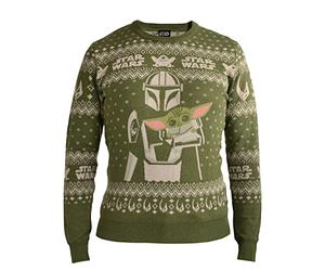 Elbenwald Jersey de Punto Star Wars con Motivo de Mando y Grogu Noruego en diseño Invernal a lo The Mandalorian para Hombre Mujer Verde Unisex - S