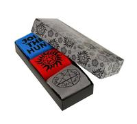 Elbenwald Supernatural Juego de 3 calcetines para hombre y mujer, unisex, de algodón, caja de regalo, color azul, rojo y gris, multicolor, 36-39