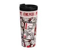 Elbenwald Termo One Piece - 425 ml - Vaso para llevar de acero inoxidable con tapa a rosca y apertura cerrable (altura 19 cm) - Blanco/Rojo con motivo de Luffy