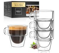 ElbFuchs® Tazas de Espresso Doble Pared [4x150 ml] | Apilables para Ahorrar Espacio | Aislamiento Térmico con Asa | Diseño Práctico en Vidrio Cristalino