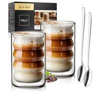 ElbFuchs® Vasos de cristal de doble pared Latte Macchiato [2×400 ml] vasos térmicos transparentes con cucharillas - para cappuccino, café & té