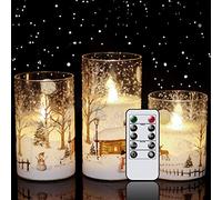 Eldnacele Velas de cristal parpadeantes sin llama, muñeco de nieve con temporizador remoto, funciona con pilas, velas LED de cera real, paquete de 3 para decoración de Navidad del hogar