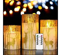 Eldnacele Velas de cristal sin llama parpadeantes con temporizador remoto, paquete de 3 pegatinas doradas de alce de reno con adhesivo de cera real, para decoración de Navidad del hogar.