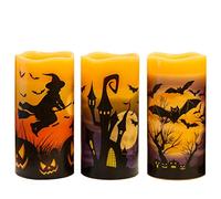 Eldnacele Velas de pilar sin llama de Halloween con temporizador de 6H, velas LED de cera real con pilas con murciélagos, castillo, patrón de bruja para terror espeluznante Halloween decoración