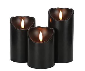 Eldnacele Velas sin llama de Halloween negro con temporizador de 6 horas, velas de pilar LED parpadeantes alimentadas por batería, velas de cera genuinas para decoración de Halloween, juego de 3, 7,5