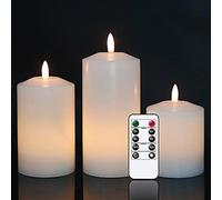 Eldnacele Velas sin llama parpadeando con temporizador, cera real 3D, funciona con pilas, 3 velas LED para boda, fiesta, Navidad, decoración del hogar