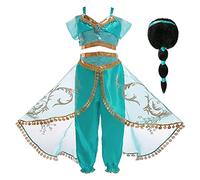 Eleasica Niña Aladdin Disfraz Princesa Jasmine Traje de Cosplay Niños Tops Pantalones Navidad Regalo Cumpleaños Vestido de Princesa Carnaval Actuación Danza Vientre 3-7 Años,Peluca,140