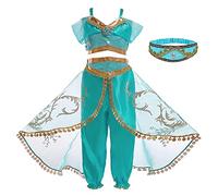 Eleasica Niña Aladdin Disfraz Princesa Jasmine Traje de Cosplay Niños Tops Pantalones Navidad Regalo Cumpleaños Vestido de Princesa Carnaval Actuación Danza Vientre 3-7 Años,Diadema,130