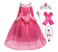 Eleasica Niña La Bella Durmiente Vestido de Princesa Aurora Disfraz para Carnaval Costume para Halloween Cosplay con Accesorios Navidad Fiesta Cumpleaños Reyes Manga Larga,Rosa,110