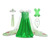 Eleasica Niña Princesa Elsa Vestido con Accesorios Disfraz para Reina de las Nieves Diadema Varita Mágica Costume para Fiesta Navidad Cumpleaños Reyes Carnaval Manga Corta,Verde,130